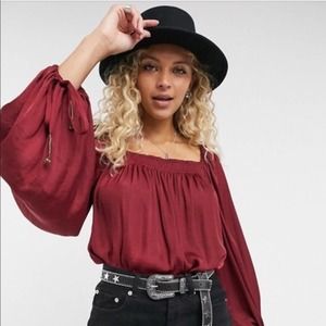 Free People Red Burgendy Wine Flowy Boho Silky Long Sleeve Cottagegore Bodysuit